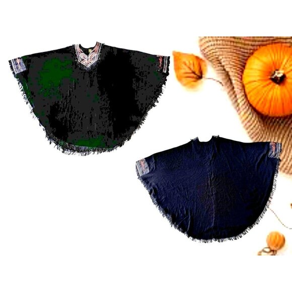 Royal Class Poncho Shawl Cape One Size Black Embellished Fringe Festive NWOT - Picture 10 of 12